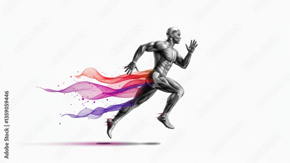 Male anatomy model running with colorful trails Focus on fitness, energy, and creative motion design Male anatomy model running with colorful trails Focus on fitness, energy, and creative motion design