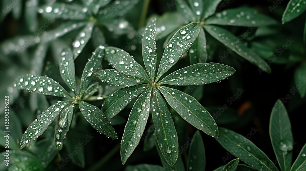Dew-Kissed Lupin Leaves A Close-Up of Nature's Beauty Dew-Kissed Lupin Leaves A Close-Up of Nature's Beauty