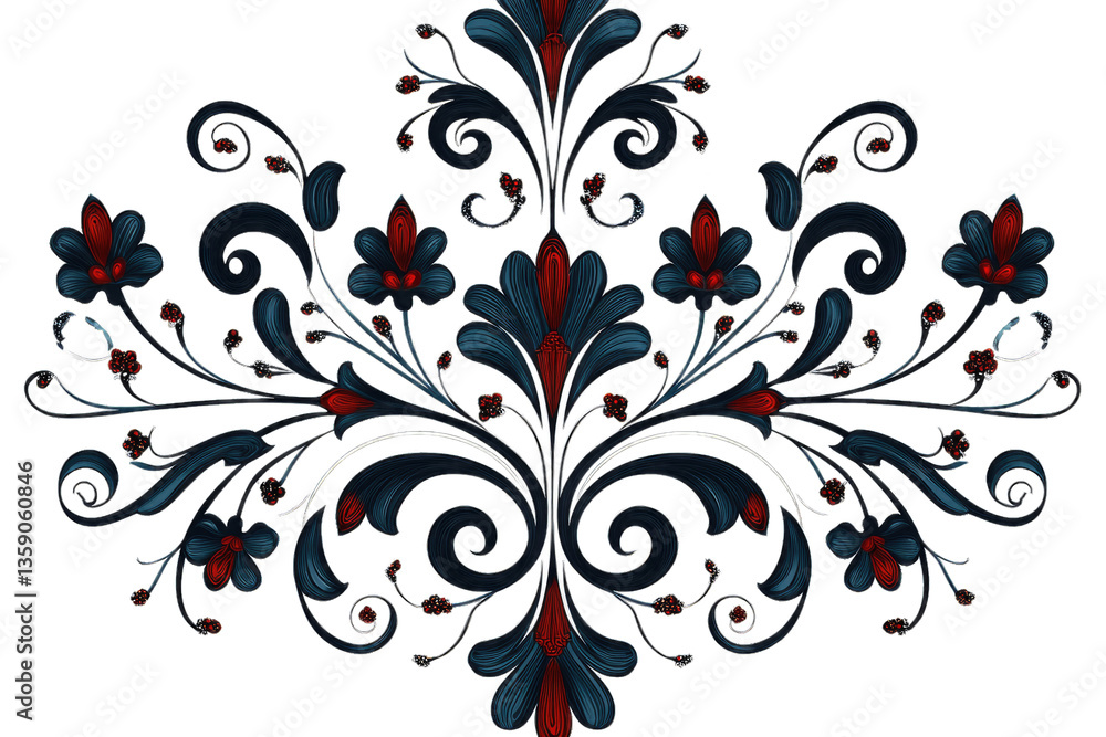 Obraz premium Elegant Dark Blue and Red Floral Ornament, Baroque Style Design Element