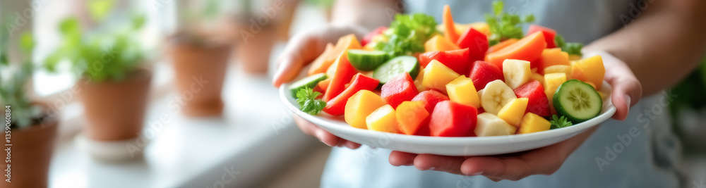 close-up of hands holding a bowl of fresh colorful fruit salad close-up of hands holding a bowl of fresh colorful fruit salad