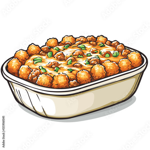 Tater Tot Hotdish Casserole Illustration in Baking Dish