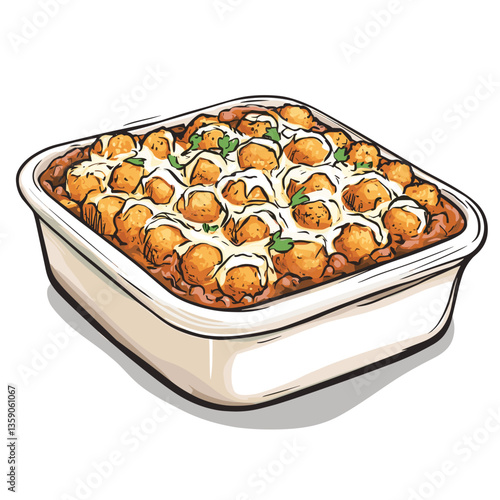 Tater Tot Hotdish Casserole Illustration in Baking Dish