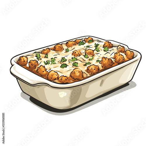 Tater Tot Hotdish Casserole Illustration in Baking Dish