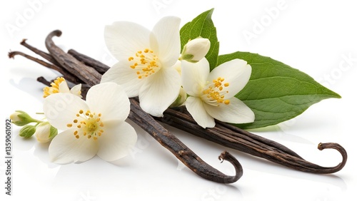 A Perfect Harmony of Nature: Vanilla Beans and Jasmine Flowers in Focus