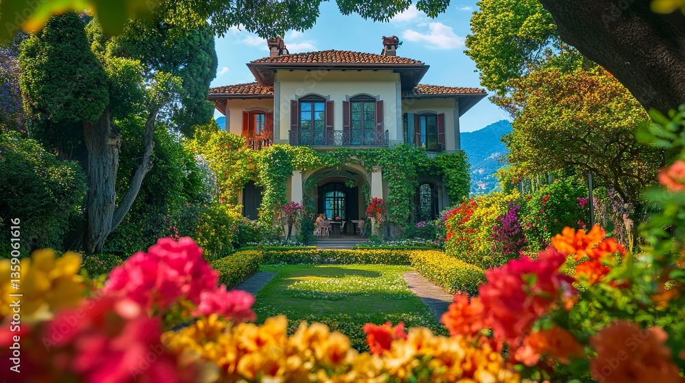 Fototapeta premium Beautiful house framed by a lush garden vibrant colors of flowers and greenery harmonize with the elegant architecture. 