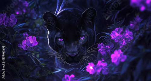 A mysterious black panther emerging from the shadows, with glowing violet flowers around it