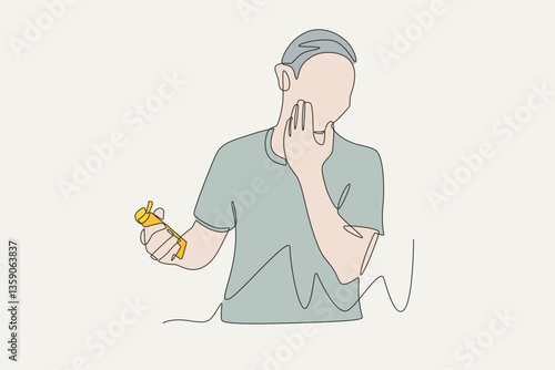 Colored man applying sunscreen to face. Applying sunscreen concept one-line drawing