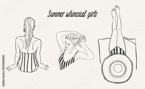 Whimsical women at the beach summer set. Flirtatous collection of girls illustrations in hand drawn outline style. Vector cliparts