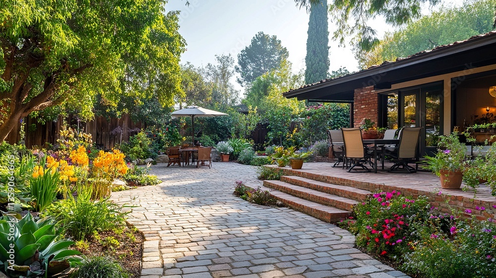 Charming brick patio with a stone walkway surrounded by vibrant landscaping lush greenery and colorful flowers create a serene outdoor retreat. Charming brick patio with a stone walkway surrounded by vibrant landscaping lush greenery and colorful flowers create a serene outdoor retreat.