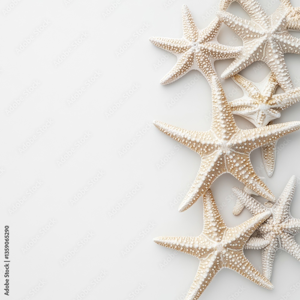 Delicate sea stars arranged on a plain white background Delicate sea stars arranged on a plain white background