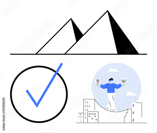 Pyramids represent stability and strategy, a checkmark symbolizes achievement, and a tightrope walker balancing gears and money on building tops reflects precision and multitasking. Ideal