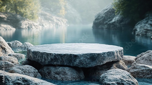 Large Rock Balanced on Another Rock in the Water – Nature Concept