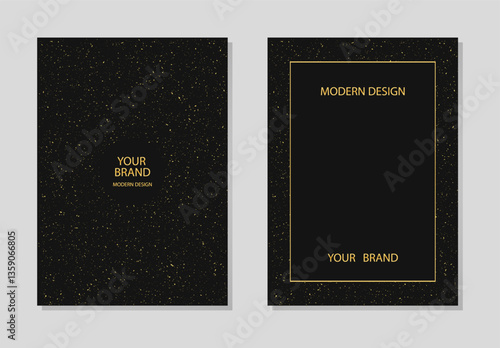 Set of covers. Collection of abstract black backgrounds, geometric dotted pattern. Original golden grunge texture. Vertical templates with space for text. Brochure, booklet, leaflet, website design.