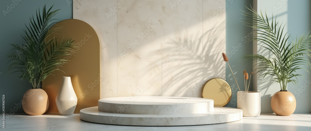 Fototapeta premium two-tiered marble display stand with potted plants and gold accents in a minimalist studio setting