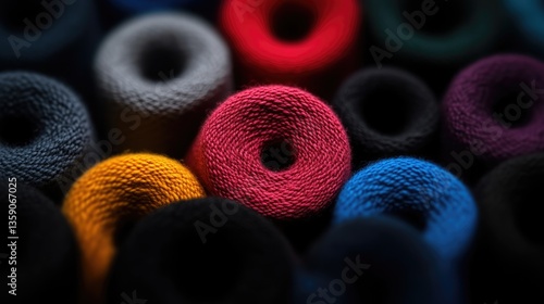 Colorful yarn spools close-up.  A variety of vibrant colors are tightly wound around spools.  Shallow depth of field emphasizes the texture of the yarn