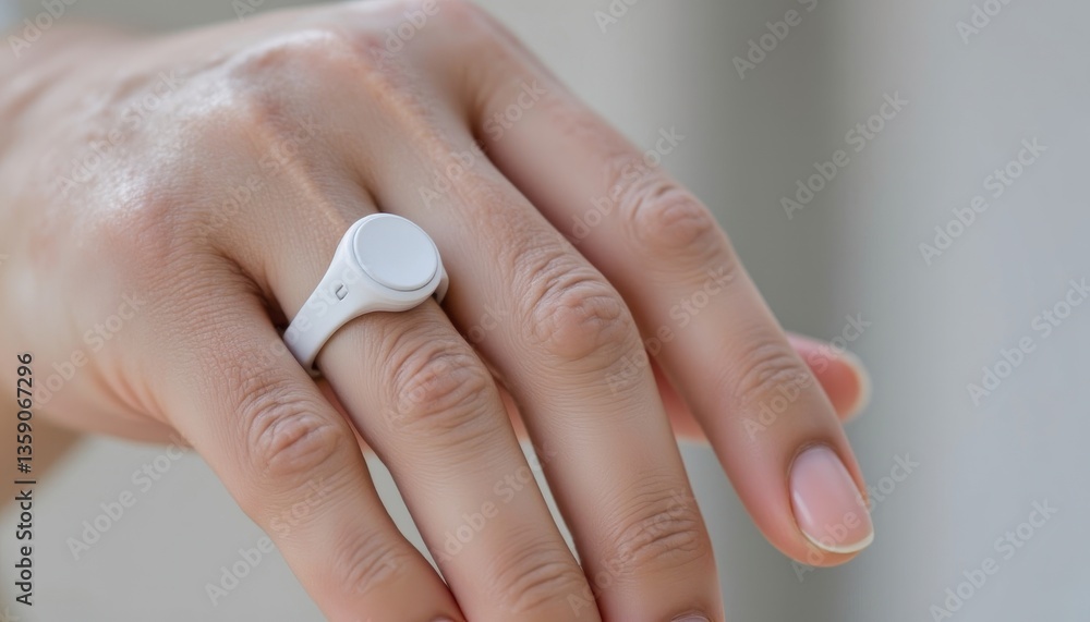 A close-up of a hand wearing a sleek, white device ring designed for modern technology and user interaction. A close-up of a hand wearing a sleek, white device ring designed for modern technology and user interaction.