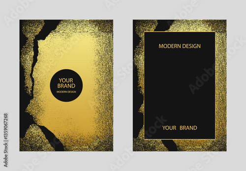 Set of covers. Abstract backgrounds collection, geometric stylish pattern. Original golden grunge texture. Vertical templates with place for text. Brochure, booklet, leaflet, website design.