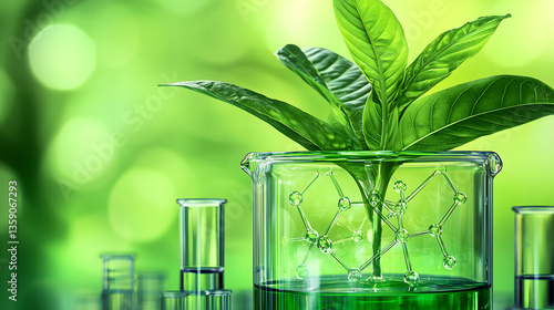 Green Plant Growing in Beaker Symbolizing Nature and Science. A plant growing in a beaker with green liquid, representing eco-science