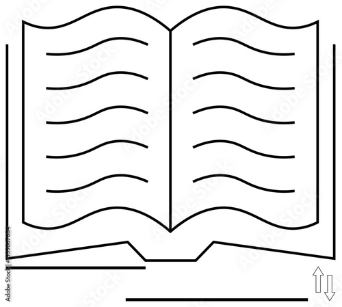 Open book with curved lines symbolizing text and arrows suggesting scrolling or navigation. Ideal for reading, literature, learning, education, documentation, storytelling, digital library. Flat