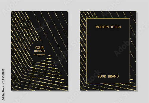 Cover set. Abstract backgrounds collection, geometric striped pattern. Original golden grunge texture. Vertical templates with place for text. Brochure, booklet, leaflet, website design.