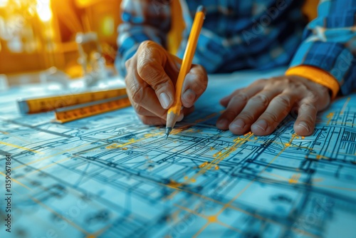 Architect or engineer working on building blueprint, contractor designing and drawing blueprint layout with tool for construction project. Civil engineer and architecture design concept