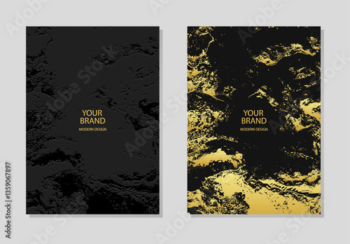 Cover set. Abstract backgrounds collection, geometric exotic pattern. Original golden grunge texture. Vertical templates with place for text. Brochure, booklet, leaflet, website design.