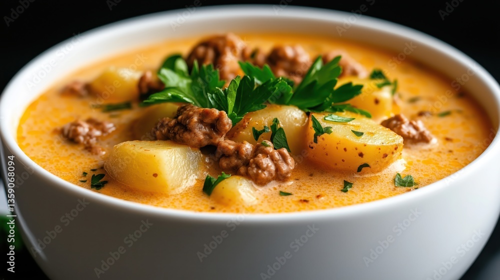 Creamy potato and ground beef soup garnished with parsley in a white bowl captures cozy comfort food essence Creamy potato and ground beef soup garnished with parsley in a white bowl captures cozy comfort food essence