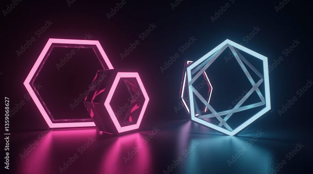Neon geometric shapes, including hexagons and diamonds, glow against a dark backdrop, reflecting on a sleek surface to create depth and visual intrigue. Neon geometric shapes, including hexagons and diamonds, glow against a dark backdrop, reflecting on a sleek surface to create depth and visual intrigue.