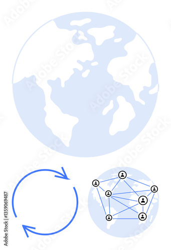 Earth map, circular arrows, network of connected people. Ideal for sustainability, teamwork, globalization, communication, innovation collaboration eco-friendly solutions. Flat simple metaphor