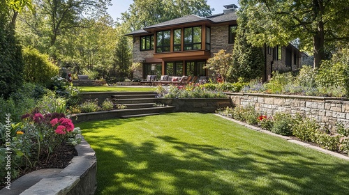 Curved stone retaining wall blends into green lawn surrounded by vibrant flowers mature trees and shrubs tranquil backyard oasis.  