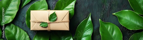 Wrapped gift box surrounded by vibrant green leaves on a surface