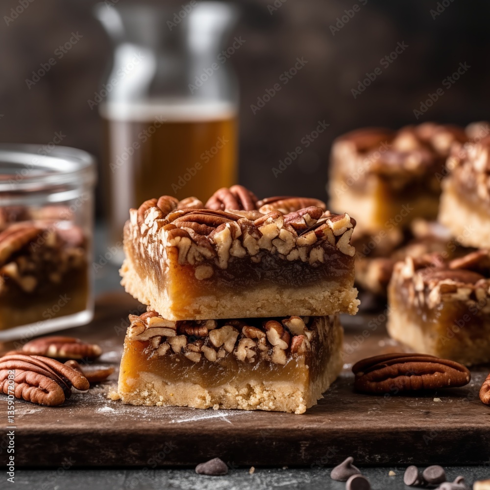 Decadent pecan pie bars with gooey filling and buttery crust in a cozy baking setting Decadent pecan pie bars with gooey filling and buttery crust in a cozy baking setting