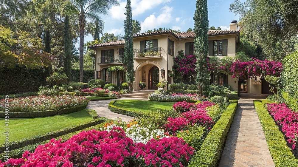 Obraz premium Elegant home highlighted by a well-landscaped garden colorful flowers, trimmed bushes, and winding paths blending charm and nature. 
