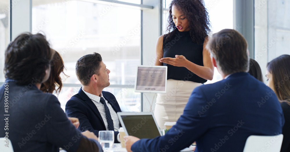 Business people, tablet and screen for website, presentation and pitch in office for homepage. Explaining, executive director and app developer woman with proposal, review or technology for feedback Business people, tablet and screen for website, presentation and pitch in office for homepage. Explaining, executive director and app developer woman with proposal, review or technology for feedback