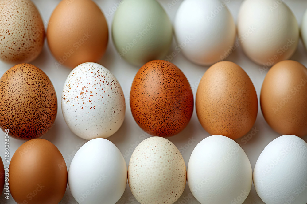 An overhead shot of various shades of chicken eggs, ideal for food-related content, cooking blogs, and Easter designs with a minimalist aesthetic. An overhead shot of various shades of chicken eggs, ideal for food-related content, cooking blogs, and Easter designs with a minimalist aesthetic.