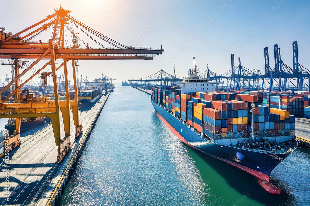 Fototapeta premium Dynamic container ship docking at bustling port amidst towering cranes and vibrant cargo stacks during bright daylight