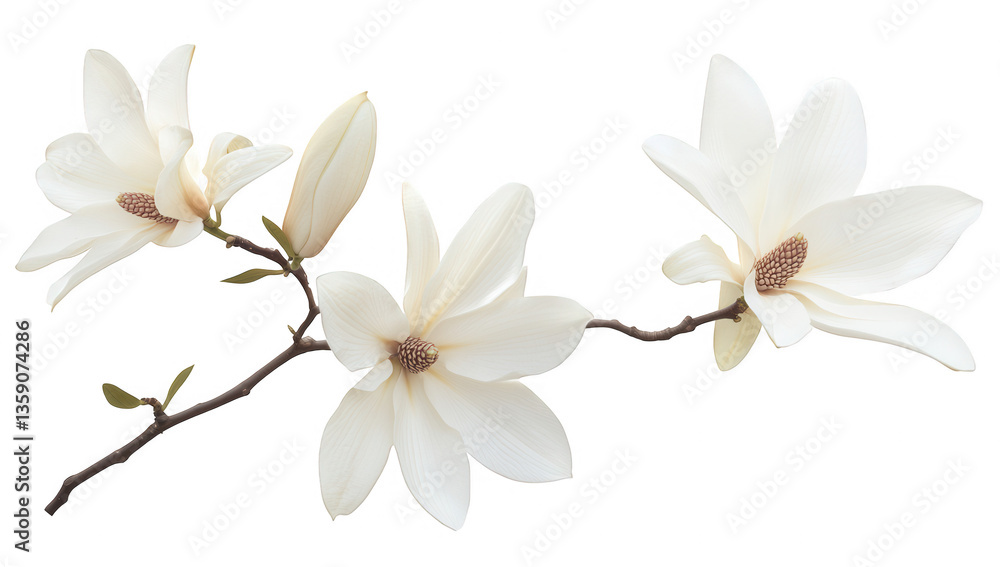Fototapeta premium branch featuring elegant white magnolia flowers showcasing their natural beauty and intricate details against a clean background ideal for floral-themed designs or nature-inspired decor