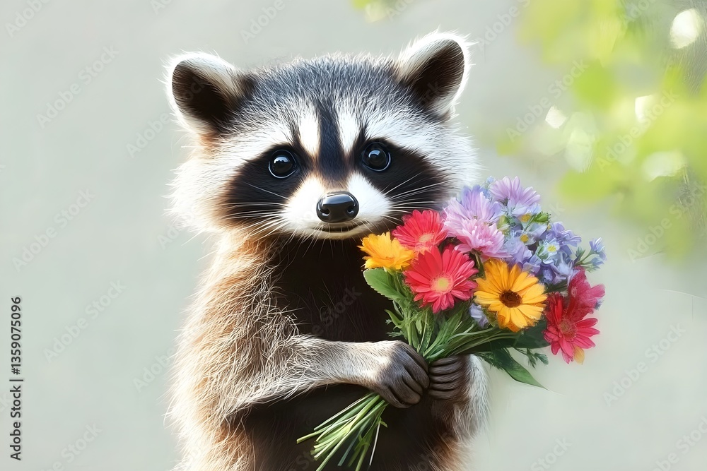Obraz premium Adorable Raccoon: Sweet Moment Holding a Bouquet of Flowers Captured in Natural Charm