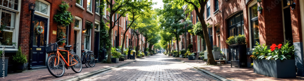 picturesque cobblestone street lined with charming brick buildings and lush greenery picturesque cobblestone street lined with charming brick buildings and lush greenery