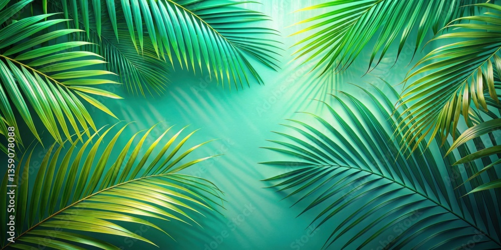 Tropical Palm Fronds Cast Shadows on a Vibrant Teal Background Tropical Palm Fronds Cast Shadows on a Vibrant Teal Background