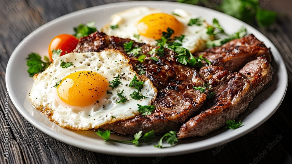 Plate with fried meat and eggs Plate with fried meat and eggs
