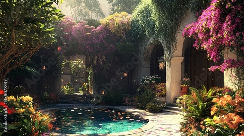 Fototapeta Naklejka Na Ścianę i Meble -  Garden bursting with flowers vibrant petals and lush greenery combine to form a tranquil and inviting retreat.  