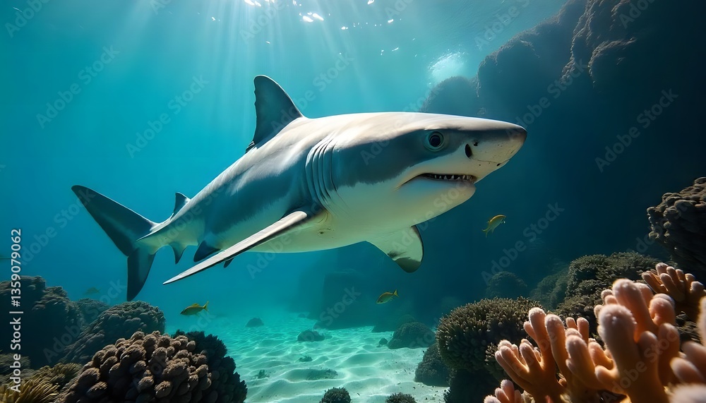 Fototapeta premium Majestic Shark Swimming Gracefully Among Vibrant Coral Reef in Clear Water