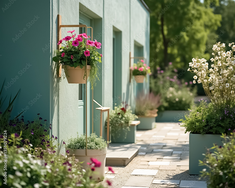 Fototapeta premium pink flowers in hanging and potted planters against a teal building creating a serene outdoor scene