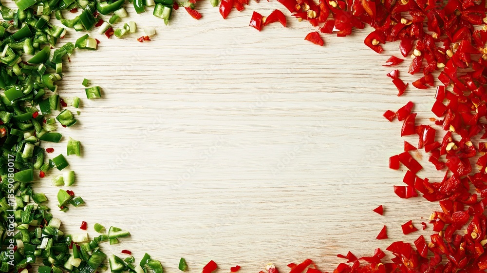 Red and green sliced chilli on wooden and white cutting board and copy space Red and green sliced chilli on wooden and white cutting board and copy space