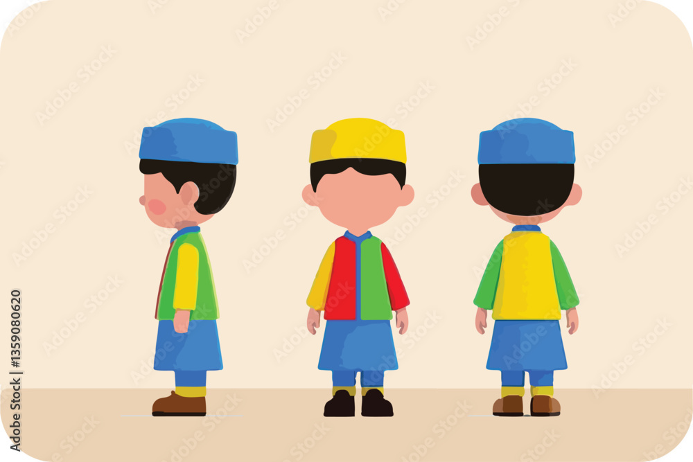 Three stylized boys in traditional Islamic attire, showcasing different perspectives in a simple, flat design illustration. Three stylized boys in traditional Islamic attire, showcasing different perspectives in a simple, flat design illustration.