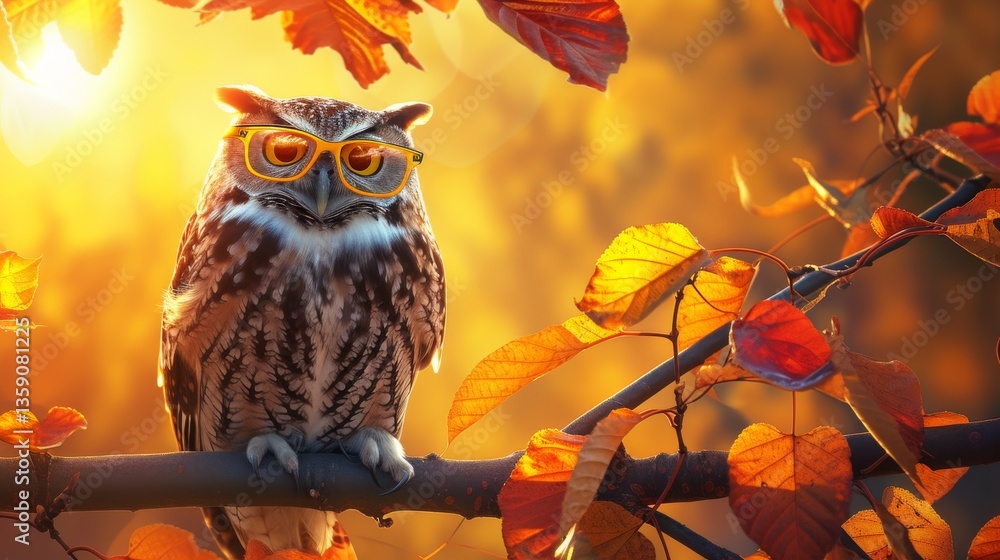 An owl with glasses sits on a branch amidst bright autumn leaves, with a warm, golden light and blurred background creating a charming and whimsical scene. Ideal for nature and creative themes.