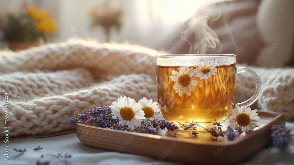 Herbal Tea and Relaxation A steaming cup of herbal green tea with floating chamomile flowers, placed on a wooden tray with dried lavender Herbal Tea and Relaxation A steaming cup of herbal green tea with floating chamomile flowers, placed on a wooden tray with dried lavender