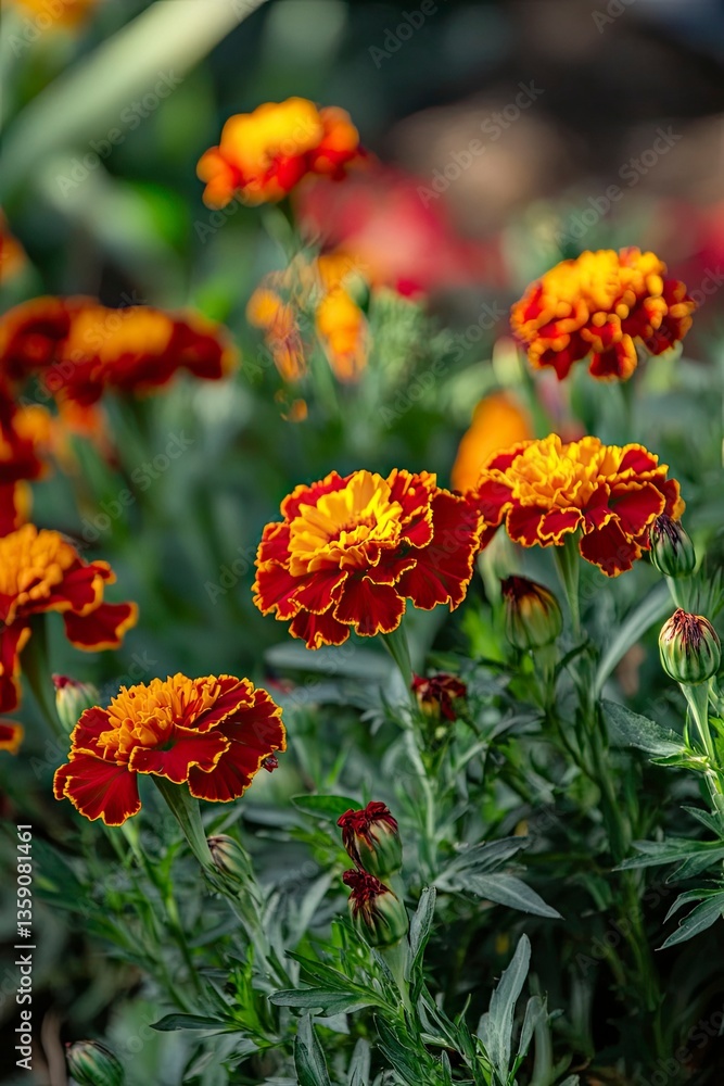 Red with Yellow edge marigold flowers in garden Red with Yellow edge marigold flowers in garden