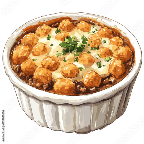 Watercolor Tater Tot Hotdish Casserole in White Baking Dish